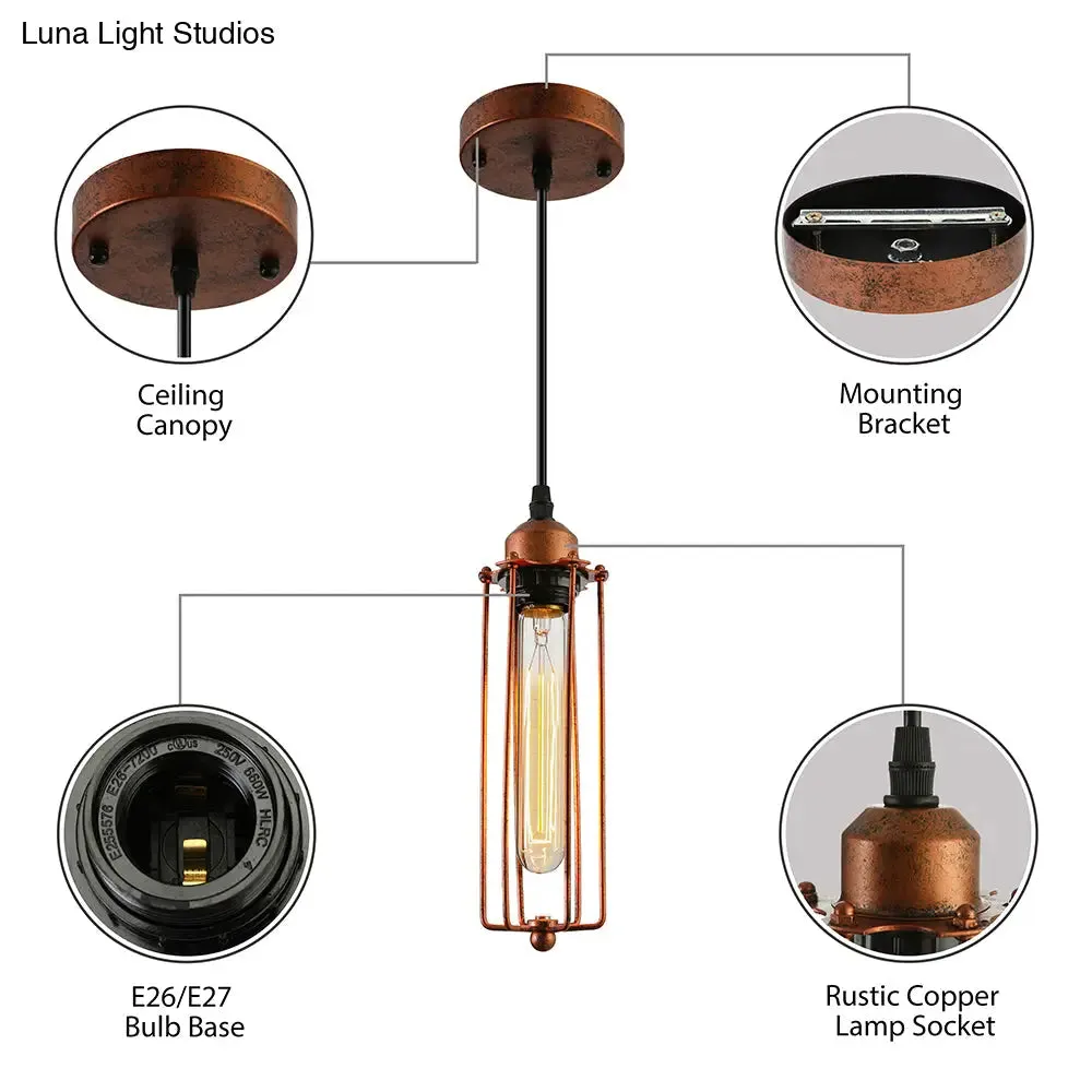 Vintage-Style 1-Bulb Dark Rust Tube Pendant Lighting with Wire Guard for Kitchen