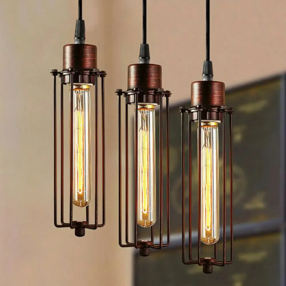 Vintage-Style 1-Bulb Dark Rust Tube Pendant Lighting with Wire Guard for Kitchen