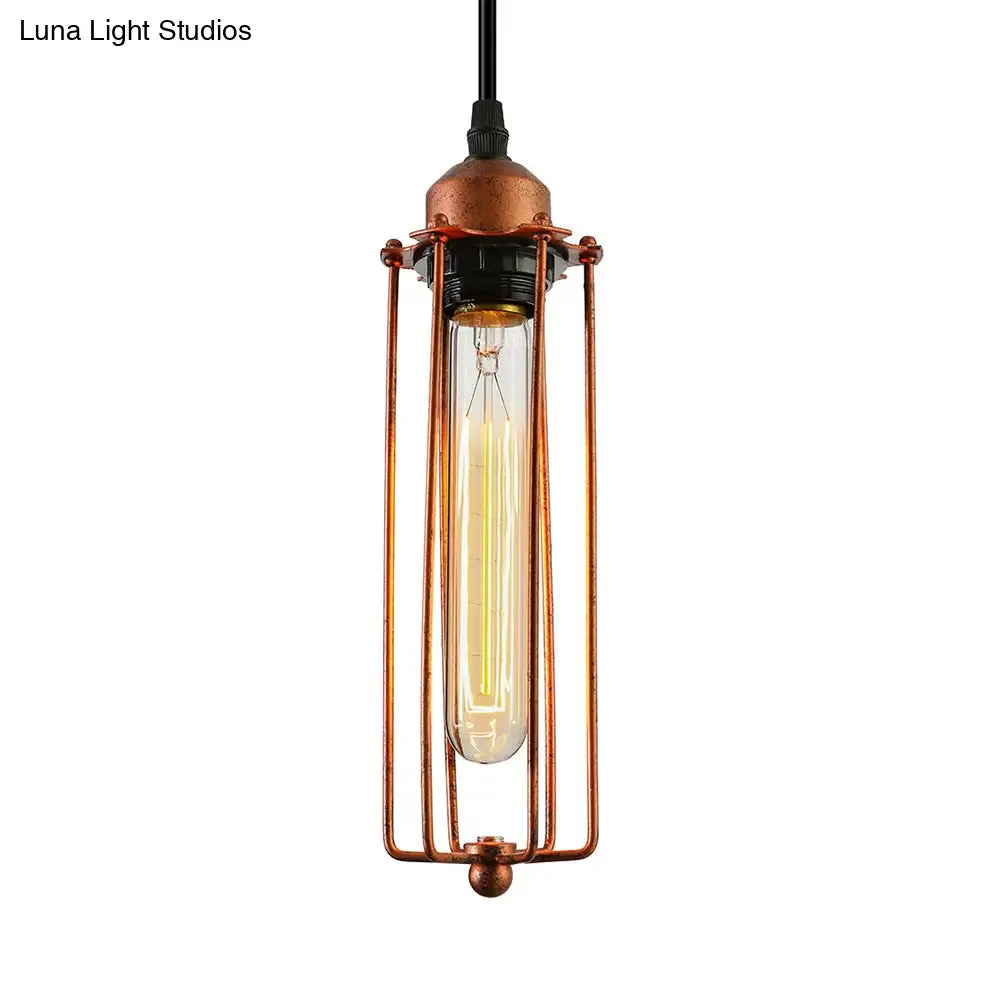 Vintage-Style 1-Bulb Dark Rust Tube Pendant Lighting with Wire Guard for Kitchen