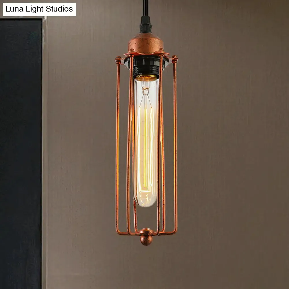 Vintage-Style 1-Bulb Dark Rust Tube Pendant Lighting with Wire Guard for Kitchen