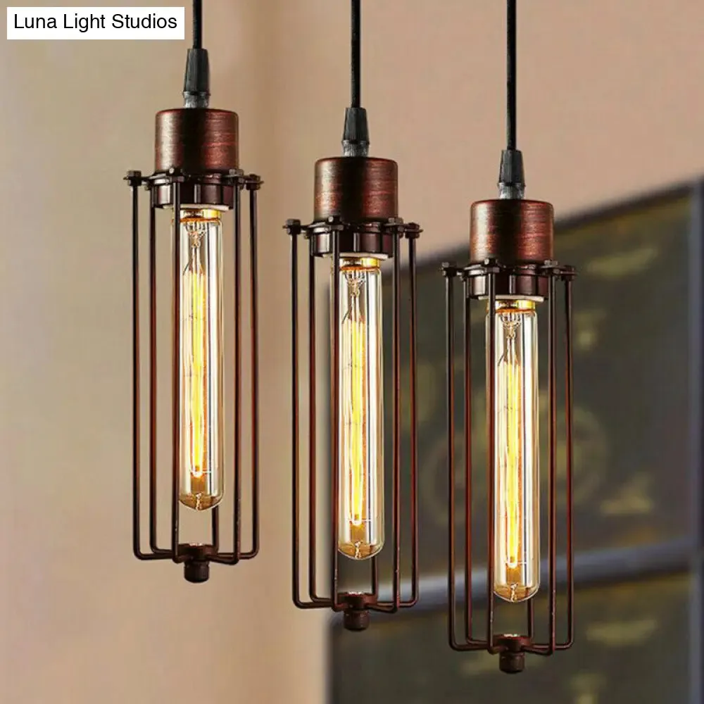 Vintage-Style 1-Bulb Dark Rust Tube Pendant Lighting with Wire Guard for Kitchen