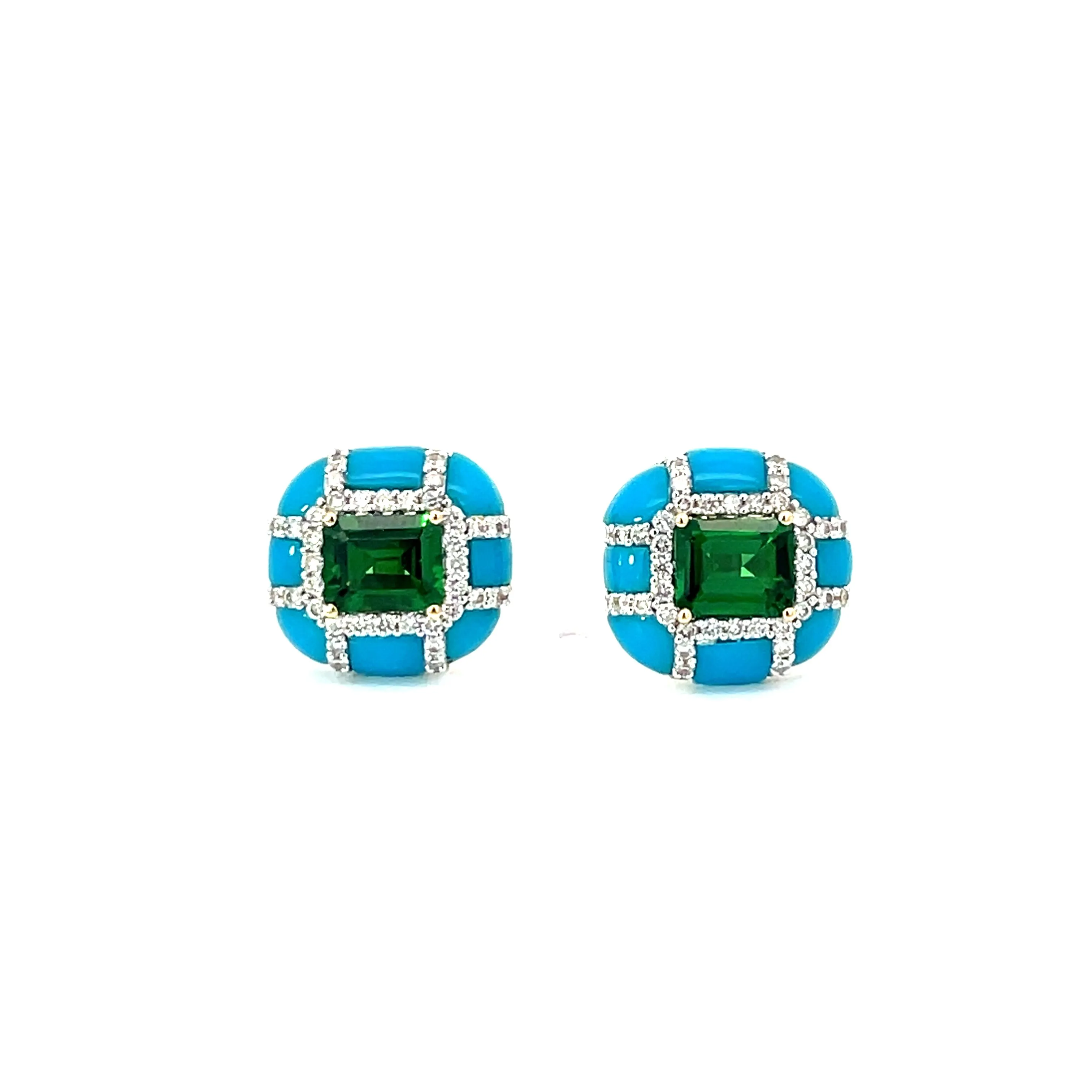 White Gold Turquoise, Tsavorite and White Diamond Stud Earrings