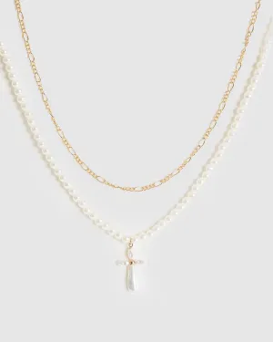 White Pearl Cross Necklace