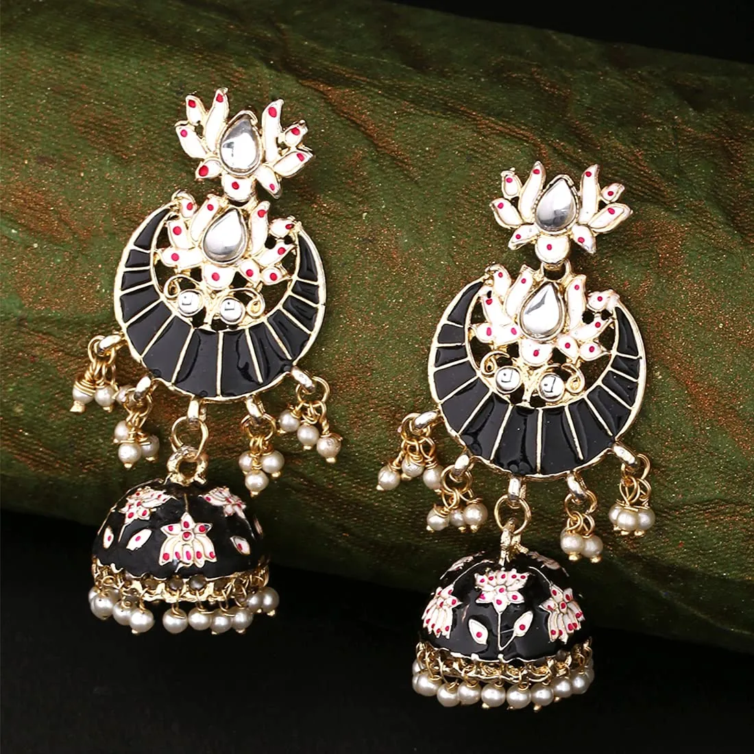 Yellow Chimes Meenakari Jhumka Earrings for Women Ethnic Gold Plated Traditional Black Chandbali Jhumka Earrings for Women and Girls